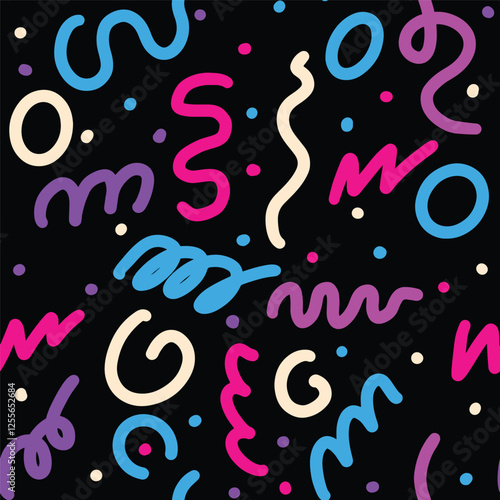 Colorful geometric vivied line doodle seamless pattern trendy 90s 80s 70s retro style. Kids party confetti texture childish scribble spiral shape. Repeatable grid light wallpaper black dark background