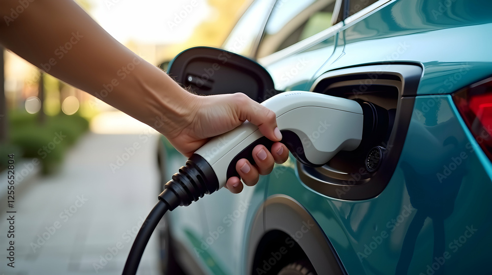 Close-up of a hand plugging a charger into a teal electric vehicle. The background is blurred, showing an outdoor setting. The action conveys care and environmental consciousness. Close-up of a hand plugging a charger into a teal electric vehicle. The background is blurred, showing an outdoor setting. The action conveys care and environmental consciousness.