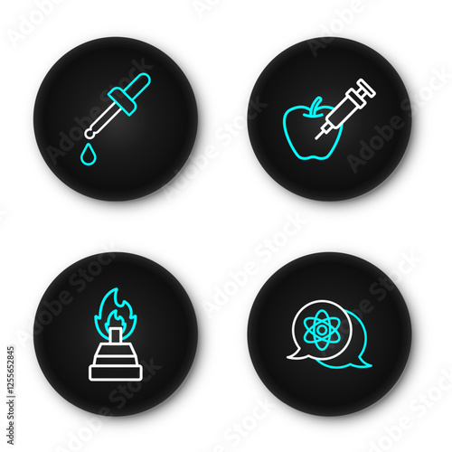 Set line Atom, Alcohol or spirit burner, Genetically modified apple and Pipette icon. Vector