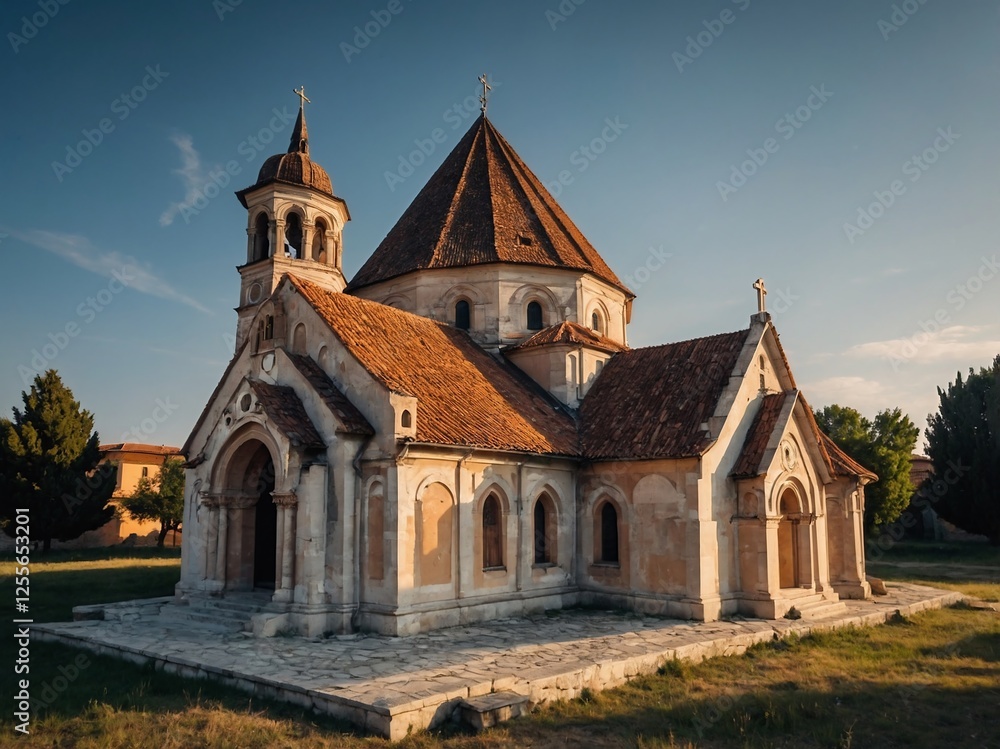 Historic Church Building with Dome and Stone Exterior in Serene Rural Setting Historic Church Building with Dome and Stone Exterior in Serene Rural Setting