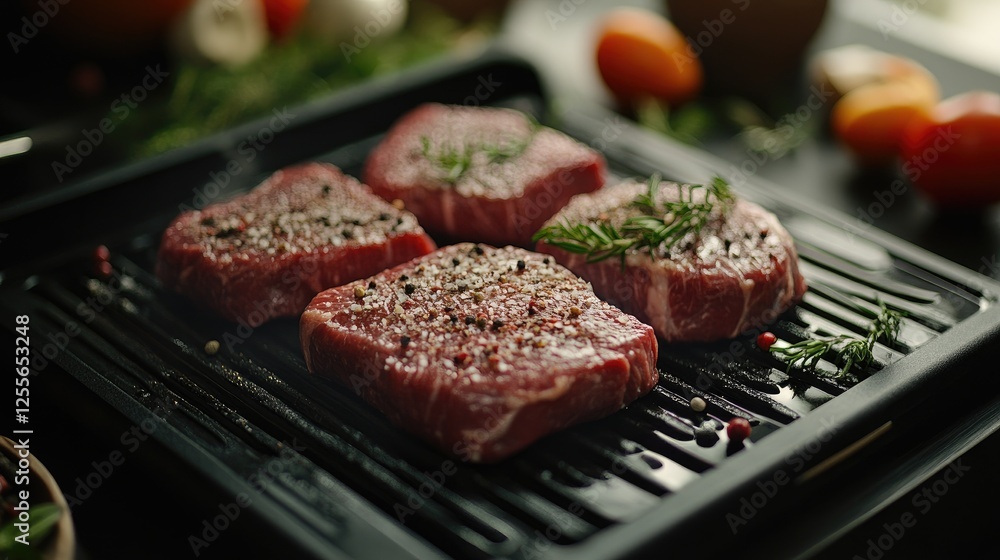 Fresh raw beef steaks with seasoning and grilling tools arranged for a cooking session, evoking a hearty and flavorful meal Fresh raw beef steaks with seasoning and grilling tools arranged for a cooking session, evoking a hearty and flavorful meal