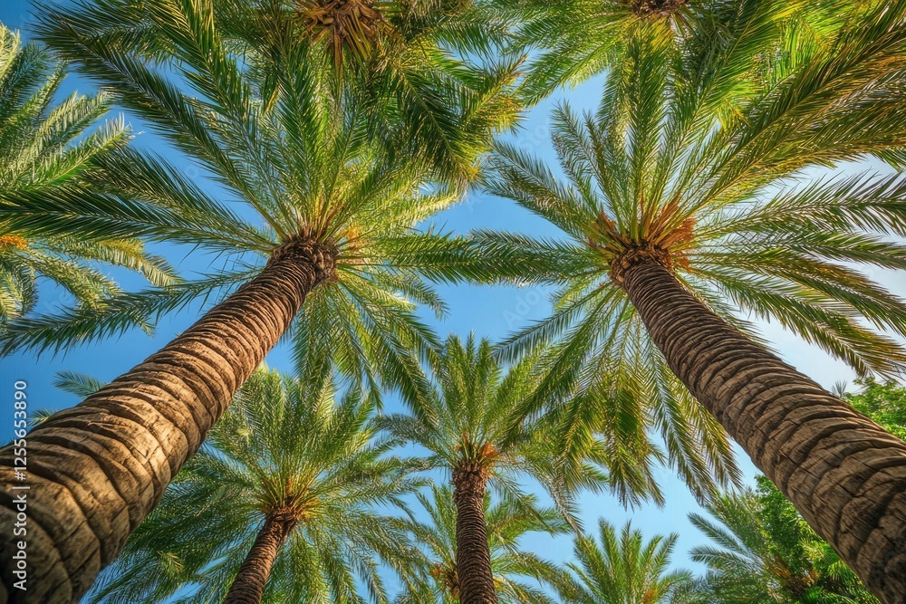 Lush palm trees reaching towards a clear blue sky, creating a serene tropical atmosphere Lush palm trees reaching towards a clear blue sky, creating a serene tropical atmosphere