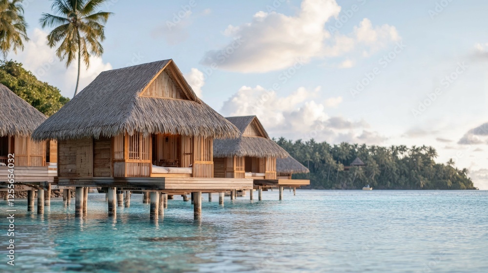 Serene overwater bungalows surrounded by crystal-clear water and palm trees, set against a beautiful tropical backdrop. Serene overwater bungalows surrounded by crystal-clear water and palm trees, set against a beautiful tropical backdrop.