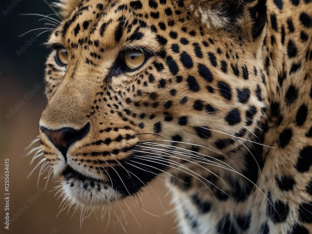 Naklejka premium Majestic Leopard Close-Up Portrait in Natural Habitat with Fierce Expression and Beautiful Spotted Coat