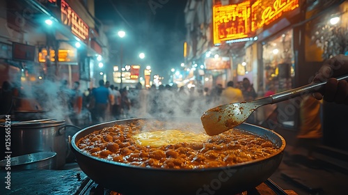 A late-night Mumbai street food scene, sizzling pav bhaji being stirred with a large spatula, hot butter melting into the rich curry, bright neon signs in the background, smoky air,