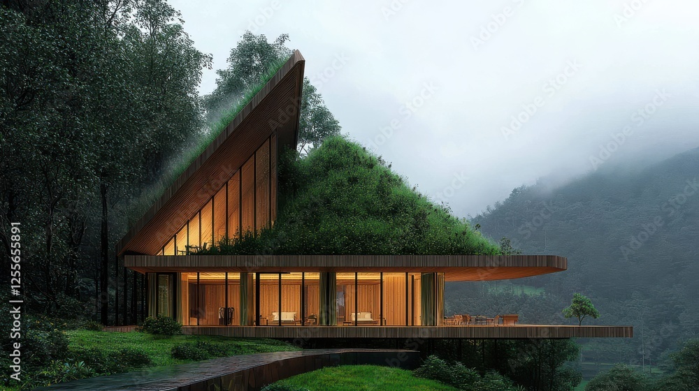 Development Geothermal Design. Modern eco-home surrounded by lush greenery and mountains in misty atmosphere. Development Geothermal Design. Modern eco-home surrounded by lush greenery and mountains in misty atmosphere.