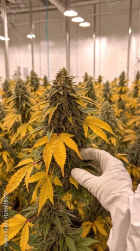 Indoor cannabis cultivation; worker inspecting mature plant