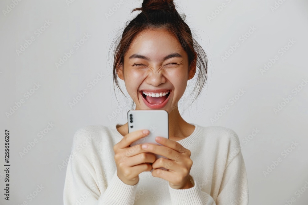 Elated Asian woman holding her smartphone, celebrating her big win with a wide smile, white backdrop Elated Asian woman holding her smartphone, celebrating her big win with a wide smile, white backdrop