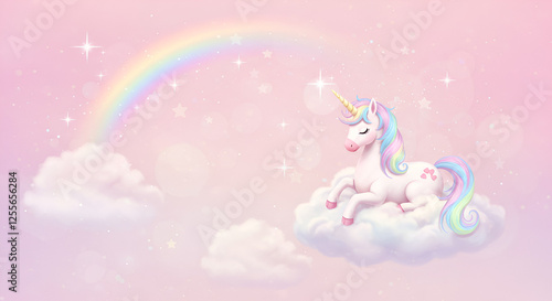 A whimsica pastel rainbow unicorn background shines with sparkling stars against a soft, pink fantasy sky. Fairy iridescent gradient backdrop. unicorn resting on a fluffy cloud with a vibrant rainbow.