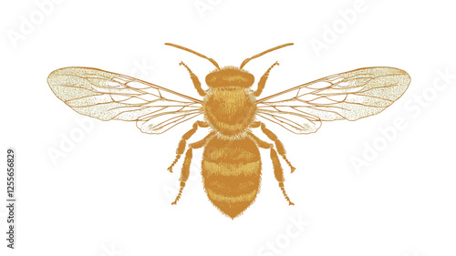 A detailed, close-up illustration of a bee, rendered in shades of gold and off-white. The image showcases the insect's intricate anatomical features:  clearly defined wings with visible