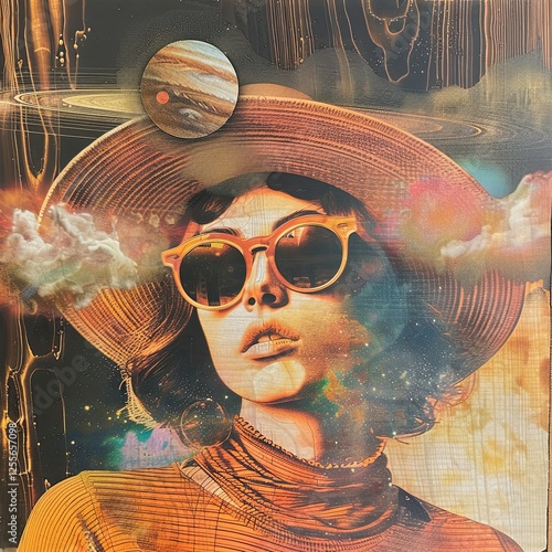 Stylish woman in vintage attire set against a cosmic background with planets and nebulae. Ideal for creative branding, editorial design, artistic posters