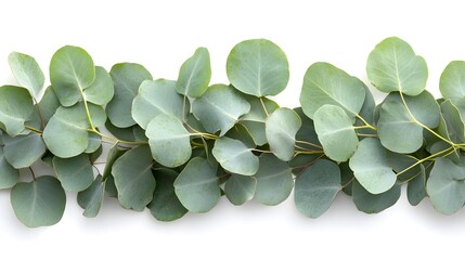 Flat lay arrangement of green eucalyptus leaves on a white background for botanical design and decoration