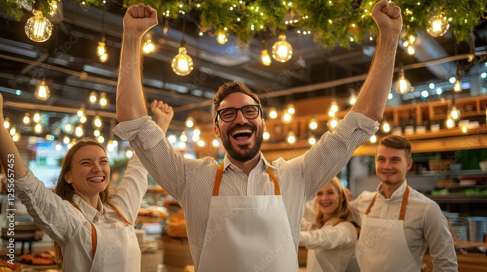 Small business growth through e-commerce strategies Happy team celebrating in a cozy restaurant with festive lights.