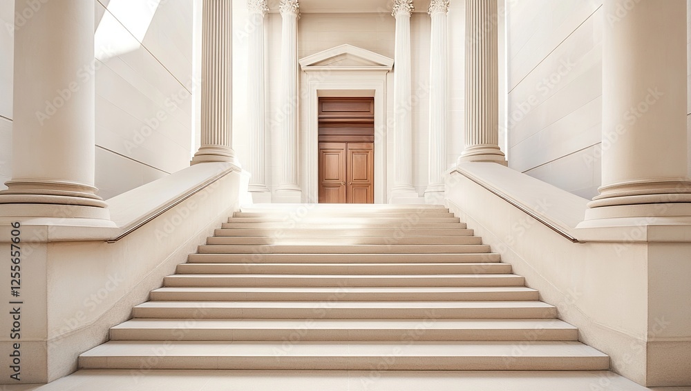 Ascending the Grand Staircase: Steps Leading to a Classical Wooden Door, Illuminated by Sunlight, Exuding Serenity and Timeless Elegance. Ascending the Grand Staircase: Steps Leading to a Classical Wooden Door, Illuminated by Sunlight, Exuding Serenity and Timeless Elegance.