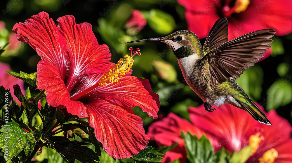 Naklejka premium Hummingbird hovering near vibrant red hibiscus flowers in a lush garden setting