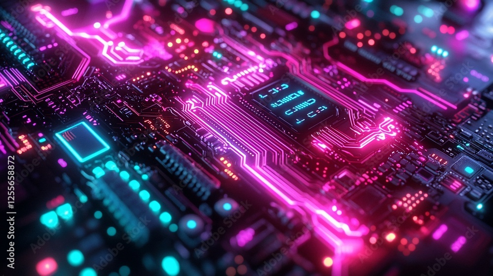 Obraz premium Futuristic circuit board with glowing neon lines and microchips.