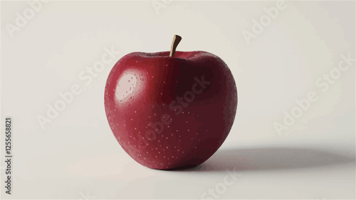 High-angle, close-up studio shot of a single, ripe red apple against a clean white background. The apple exhibits a smooth, glossy skin with subtle textural variations. A soft shadow is