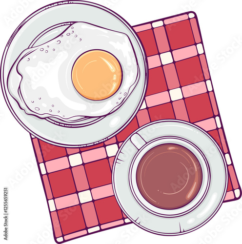 Breakfast with tea and fried egg top view. Healthy and tasty homemade lunch on checkered napkin. English breakfast. Simple vector color illustration in hand drawn style isolated on white.