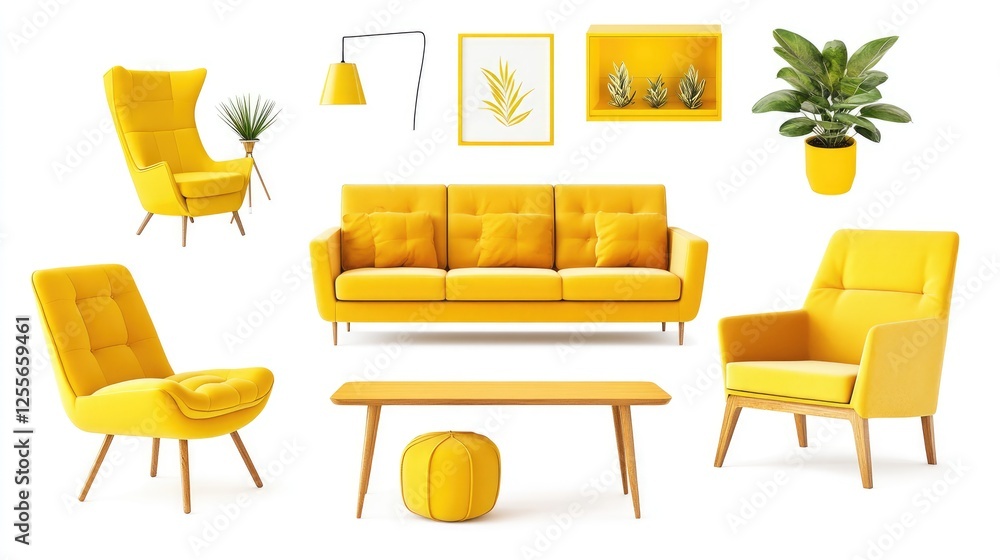 Fototapeta premium collection of yellow modern furniture items including a sofa, chair, planter, table, lamp isolated on a white background for interior design