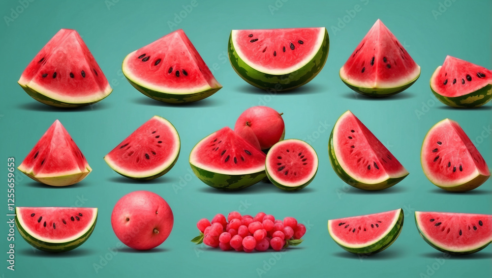 A Set of Delicious Watermelon Fruits Ready for Refreshing Treats A Set of Delicious Watermelon Fruits Ready for Refreshing Treats