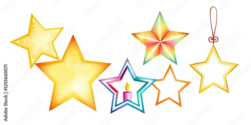 Fototapeta premium Colorful Star Shapes Festive Holiday Decorations Christmas Ornaments Winter Design Elements