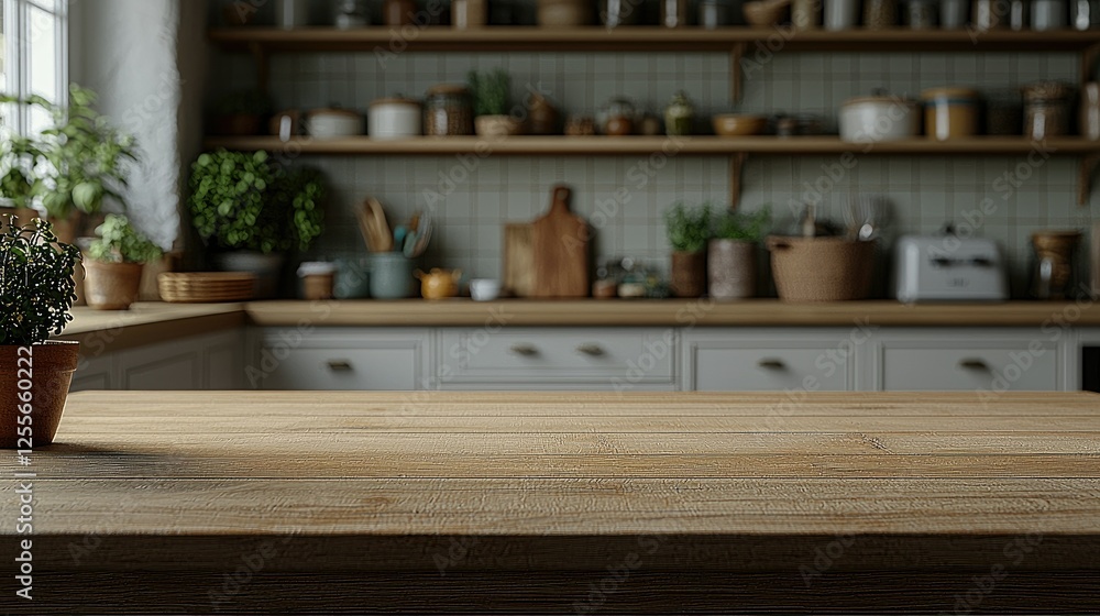 Wooden Tabletop in a Rustic Kitchen Setting Wooden Tabletop in a Rustic Kitchen Setting