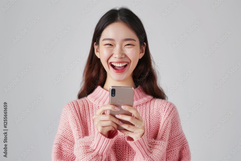 Elated Asian woman holding her smartphone, celebrating her big win with a wide smile, white backdrop Elated Asian woman holding her smartphone, celebrating her big win with a wide smile, white backdrop