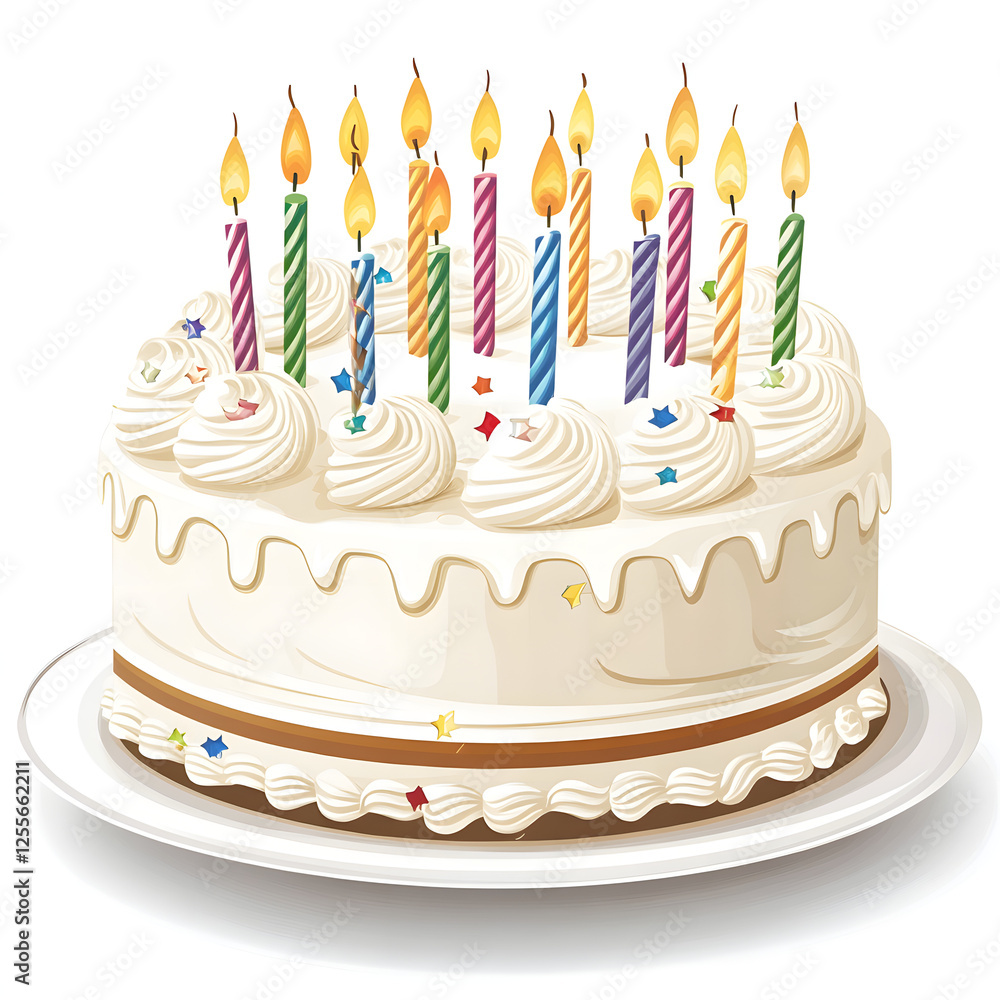 Detailed Vector Art of a Birthday Cake with Lit Candles on Top Detailed Vector Art of a Birthday Cake with Lit Candles on Top