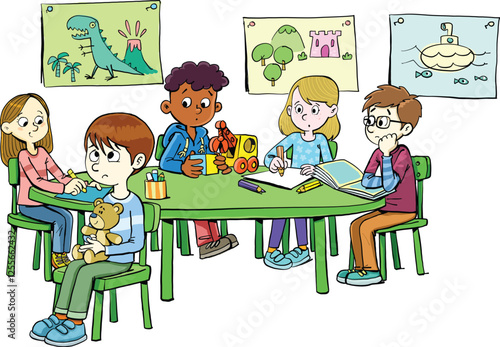 group of children in kindergarten in various activities