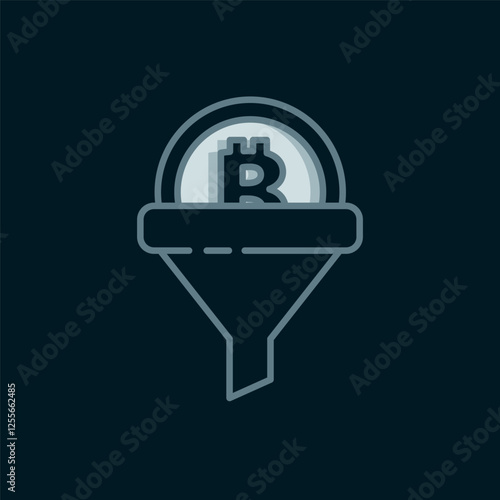 Line Sales funnel with bitcoin icon isolated on black background. Infographic template. Flat filled outline style with shadow. Vector