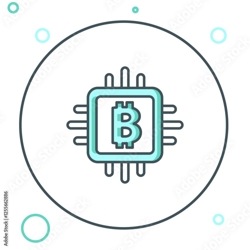 Line CPU mining farm icon isolated on white background. Bitcoin sign inside processor. Cryptocurrency mining community. Digital money. Colorful outline concept. Vector