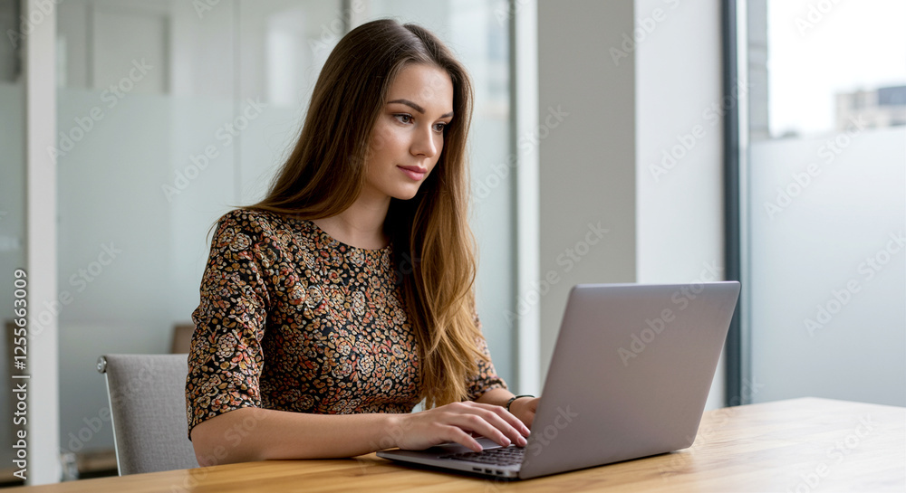 Laptop woman working office scene modern style desktop computer focus productivity Laptop woman working office scene modern style desktop computer focus productivity