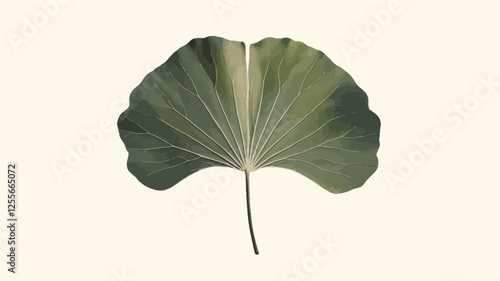 A high-resolution close-up image showcases a single Ginkgo Biloba leaf against a pure white background. The leaf exhibits a vibrant gradient of green hues, transitioning from a darker shade