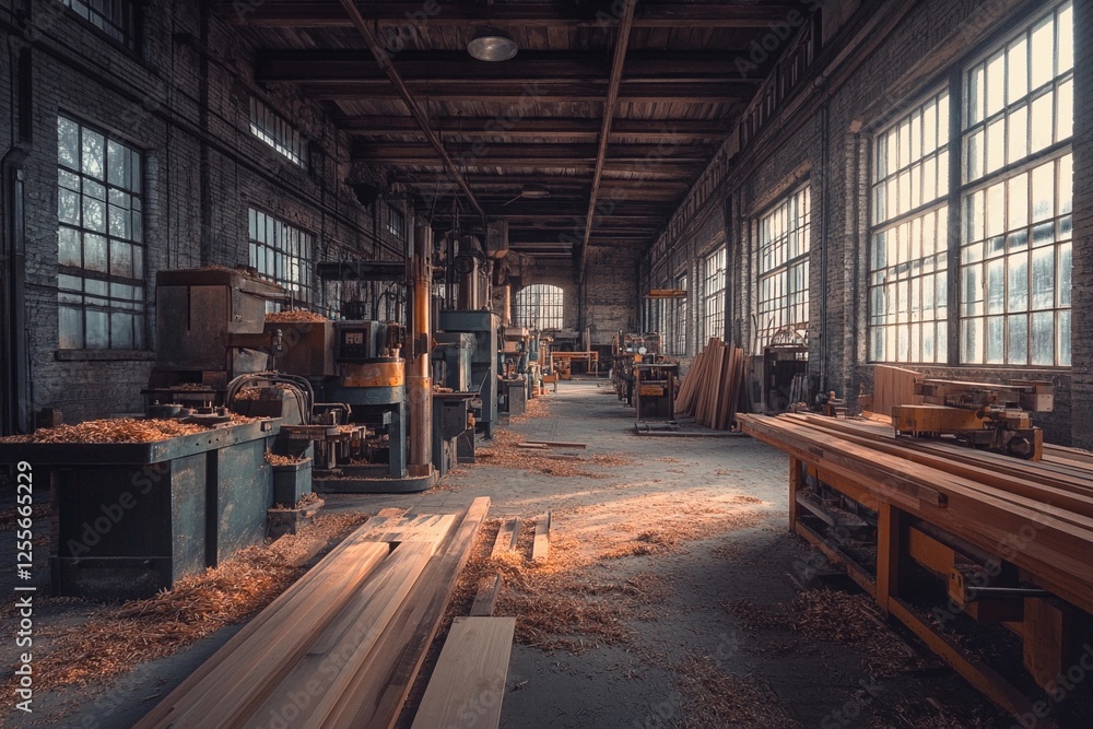 Woodworking workshop bustling with creativity in a rustic building during golden hour Woodworking workshop bustling with creativity in a rustic building during golden hour