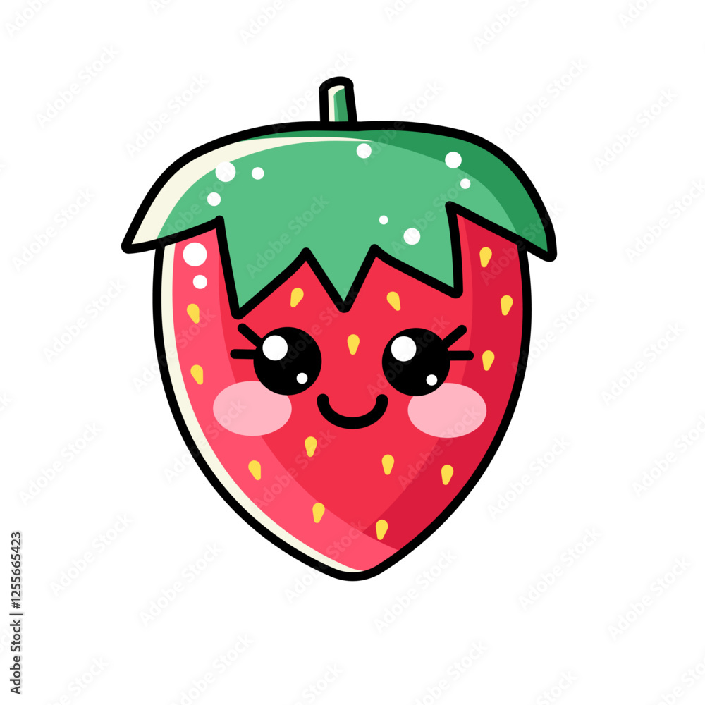 Obraz premium Kawaii strawberry fruit character. Smiling fruit face for children, kids. Sweet cute illustration for kids isolated on white background