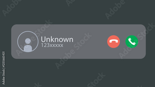Incoming unknown call notification. spam communication via cellphone with red and green buttons to pick up calls.