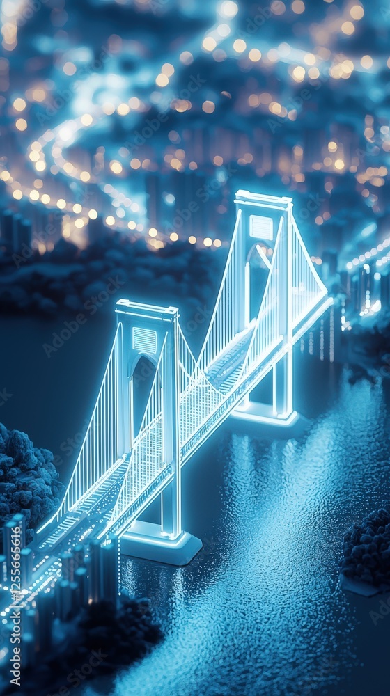 Fototapeta premium Illuminated Bridge at Night Over Water with Cityscape in the Background and Sparkling Lights