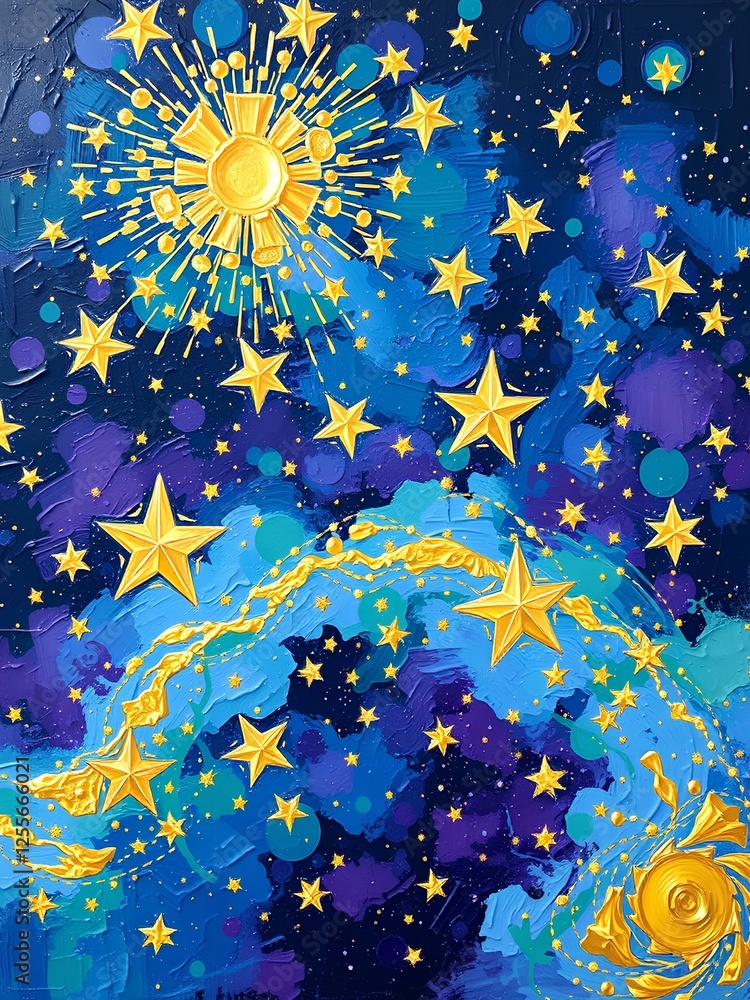 Fototapeta premium A dynamic, bold acrylic painting of a whimsical night sky, where stars burst forth in vibrant colors, 
