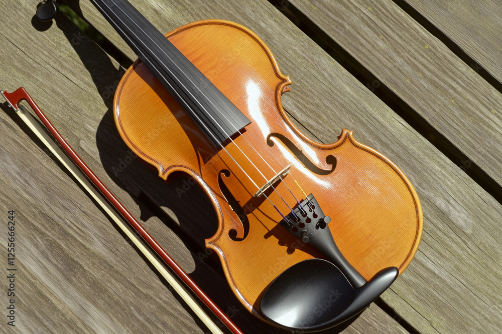 Beautiful violin and bow resting on wood Beautiful violin and bow resting on wood