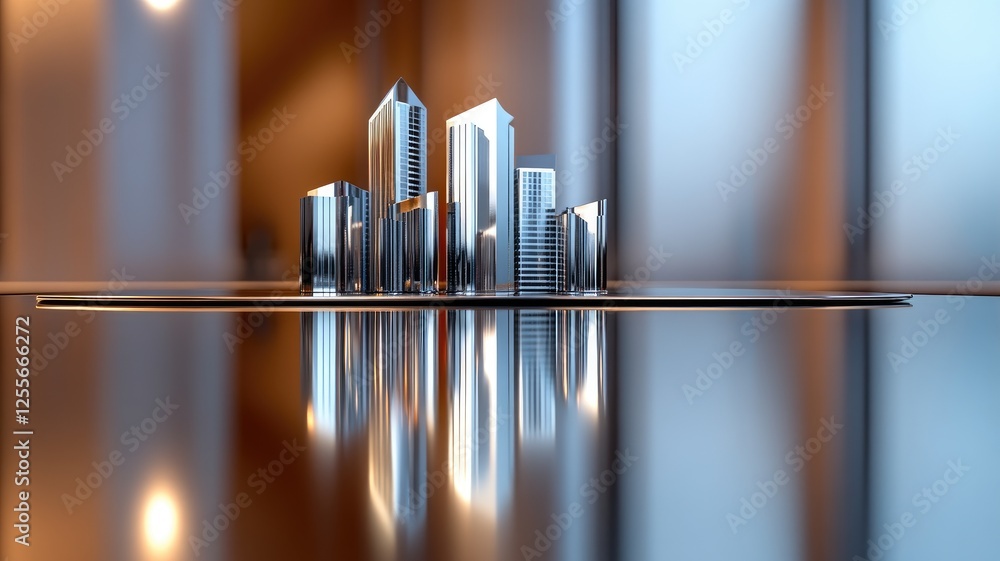 Modern metallic cityscape model reflecting on glossy surface Modern metallic cityscape model reflecting on glossy surface