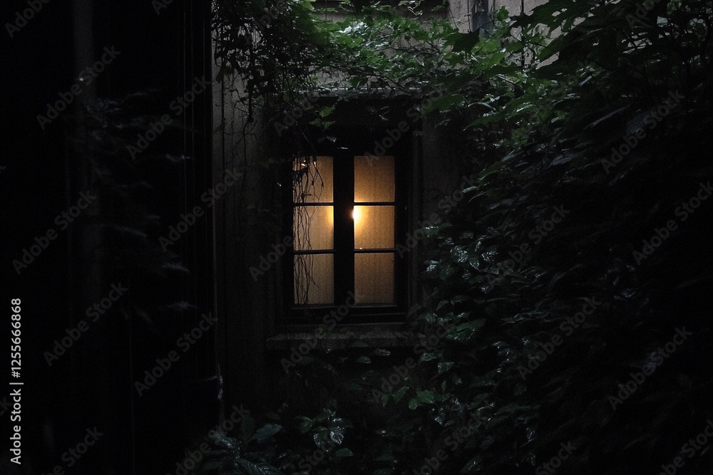 Warm glow in a window surrounded by greenery Warm glow in a window surrounded by greenery