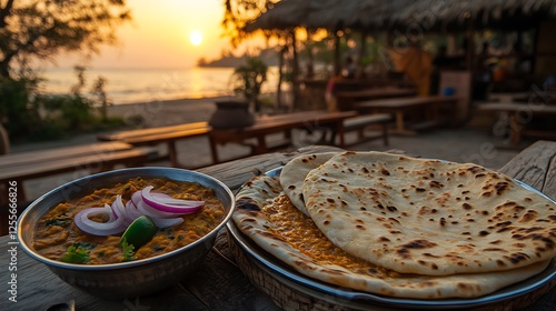 A traditional Punjabi dhaba at sunset, a steaming hot plate of butter naan and spicy dal tadka served with fresh onions and lime, rustic wooden benches, a thatched roof, photo