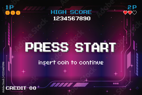 PRESS START. INSERT A COIN TO CONTINUE. pixel art. 8 bit game. retro game. for game assets. Retro Futurism Sci-Fi Background. glowing neon grid. and stars from vintage arcade computer games