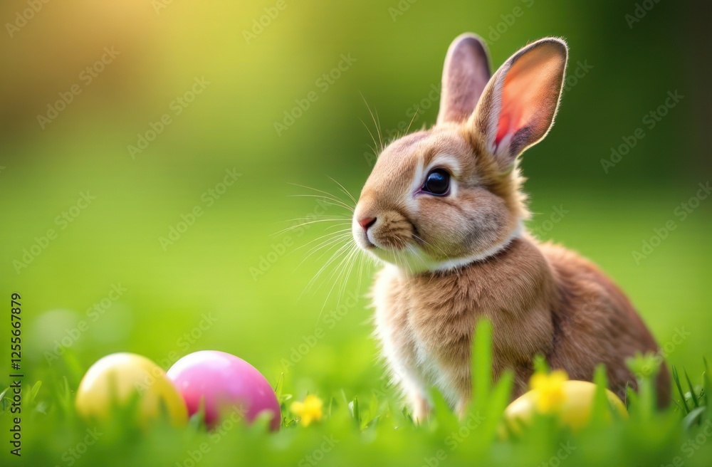 Obraz premium cute rabbit with easter eggs on green grass