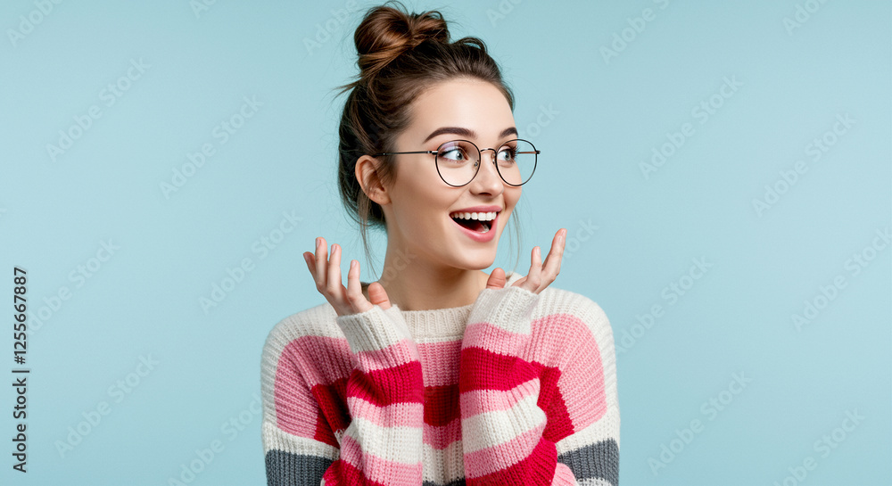 Happy young woman with joyful expression wearing glasses and colorful sweater Happy young woman with joyful expression wearing glasses and colorful sweater
