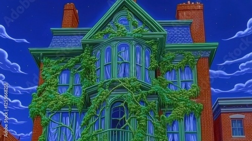 Colorful House Covered in Green Ivy Under a Starry Night Sky with Charming Architecture photo