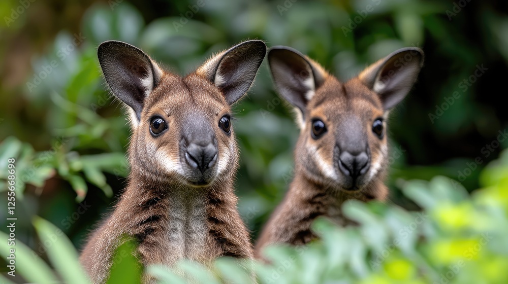 Fototapeta premium Two Agile Wallabies Peek from Lush Foliage