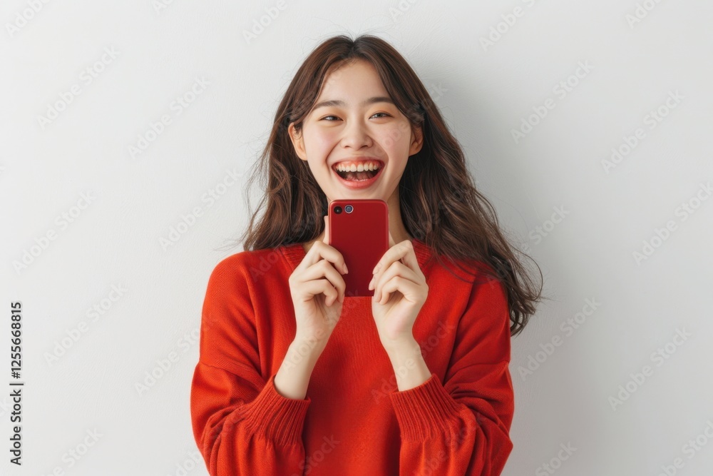 Elated Asian woman holding her smartphone, celebrating her big win with a wide smile, white backdrop