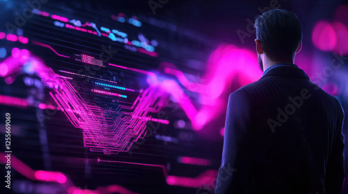 Businessman looking at digital data visualization display, dark background, vibrant pink and purple glowing abstract data streams, modern technology concept.