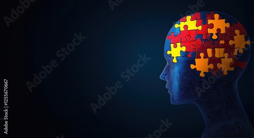 Wallpaper Mural A profile silhouette of a head filled with colorful puzzle pieces, symbolizing creativity, intelligence, and the complexity of the human mind. Torontodigital.ca
